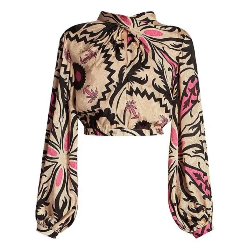 Johanna Ortiz Cream, Black & Pink Print Cropped Blouse
